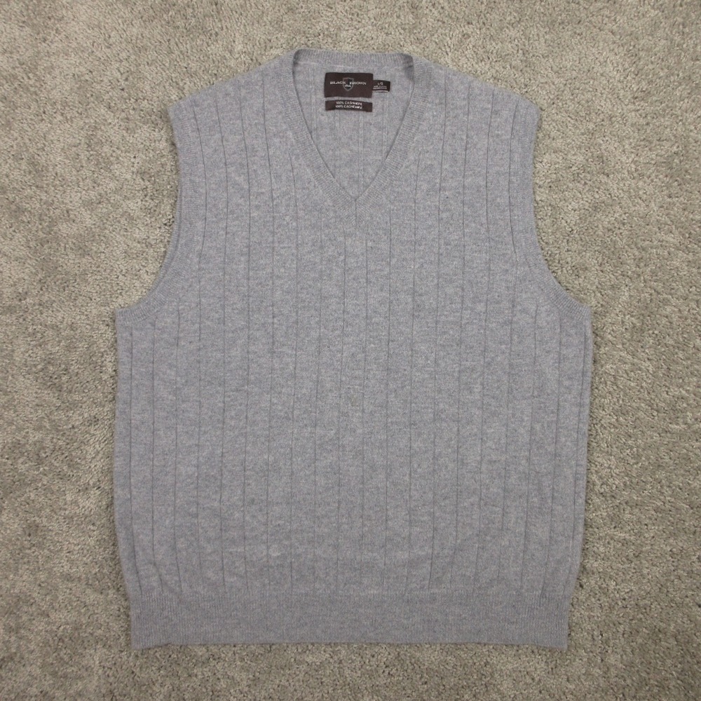 Black Brown 1826 Sweater Mens Large Gray Cashmere Knit‎ Vest V-Neck Pullover